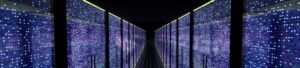 Modern data center servers room with neon lights AI iot learning 3d rendering