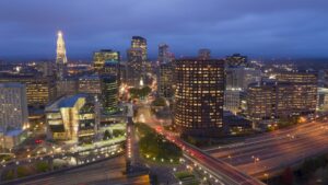 Aerial View Downtown City Skyline Hartford Connecticut After Dark